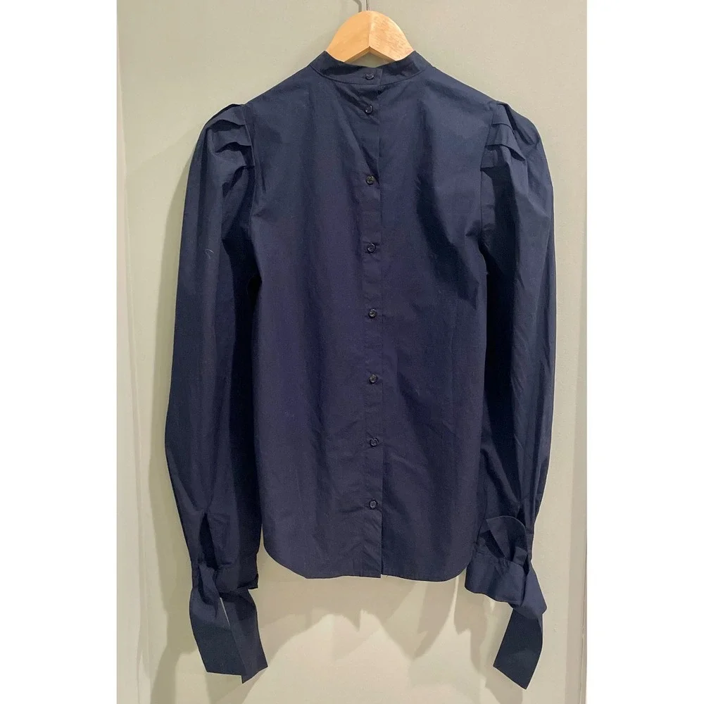 Free People Navy Blue Mock Neck Puff Sleeve‎ Button Back Top XS NWT